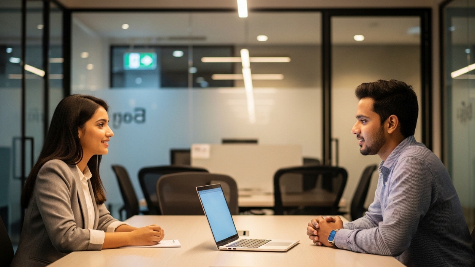 Recruiter and candidate discussing hiring requirements